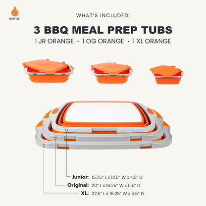 Drip EZ Collapsible BBQ Prep Tubs 3-Piece Set- For Meal Prep Marinating Food Storage - Includes Cutting Board & Lid - (1) JR + (1) OG + (1) XL - Black