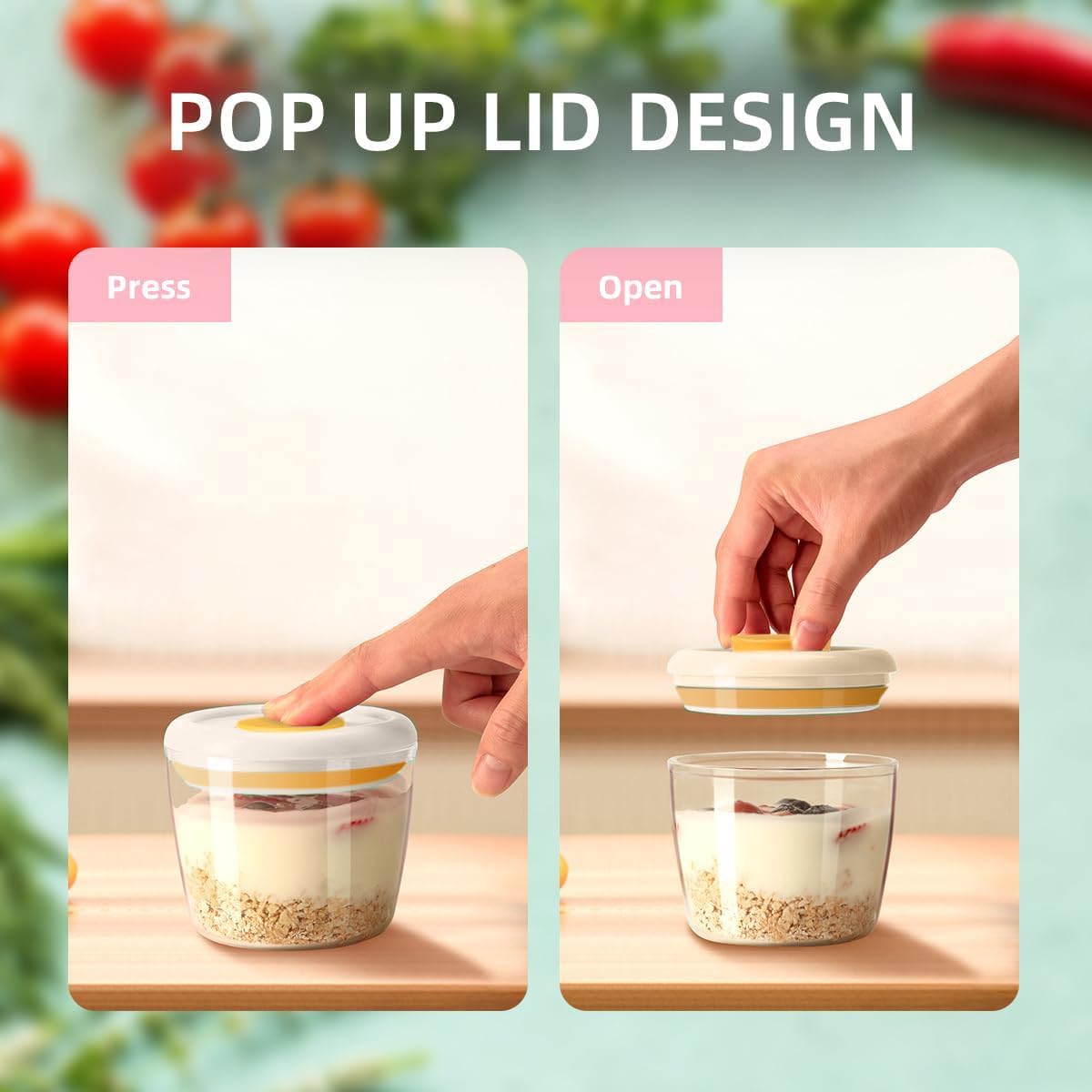 Glass Overnight Oats Containers with Lids, Meal Prep Containers Airtight Food Storage Containers Wide Mouth Snack Jars, Leakproof BPA-Free Pop Lid Bowl for Breakfast Leftovers 14oz 400ml Set of 4