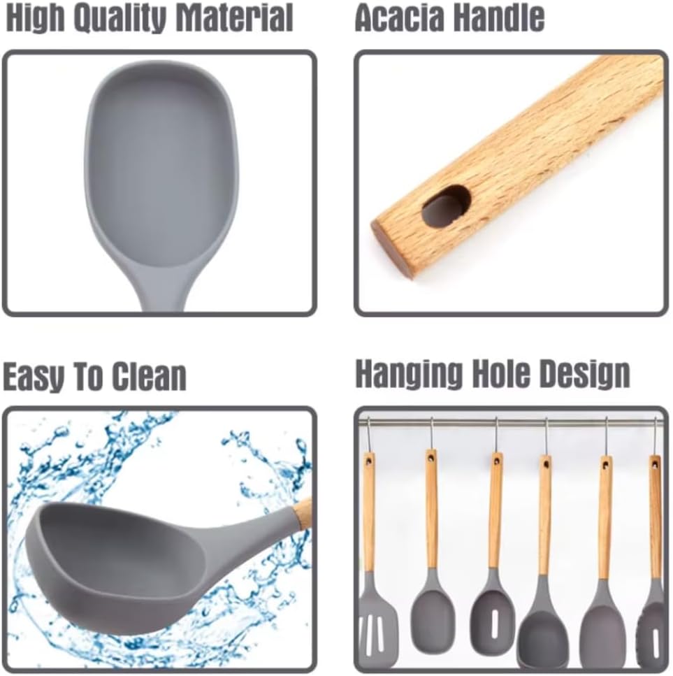Green Silicone Kitchen Utensil Set – 10-Piece Cooking Tools with Wooden Handles & Ventilated Bamboo Holder, Heat-Resistant Silicone, Nonstick Safe, BPA-Free Kitchen Gadgets Set – Sage Green