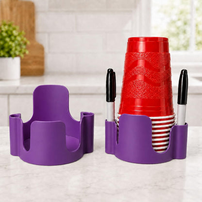 Party Cup Dispenser with Marker Holder – Stackable Plastic Cup Organizer for Parties, Events, BBQs, Picnics, Graduations & Drink Stations, Cup and Marker Caddy, Black (Red)
