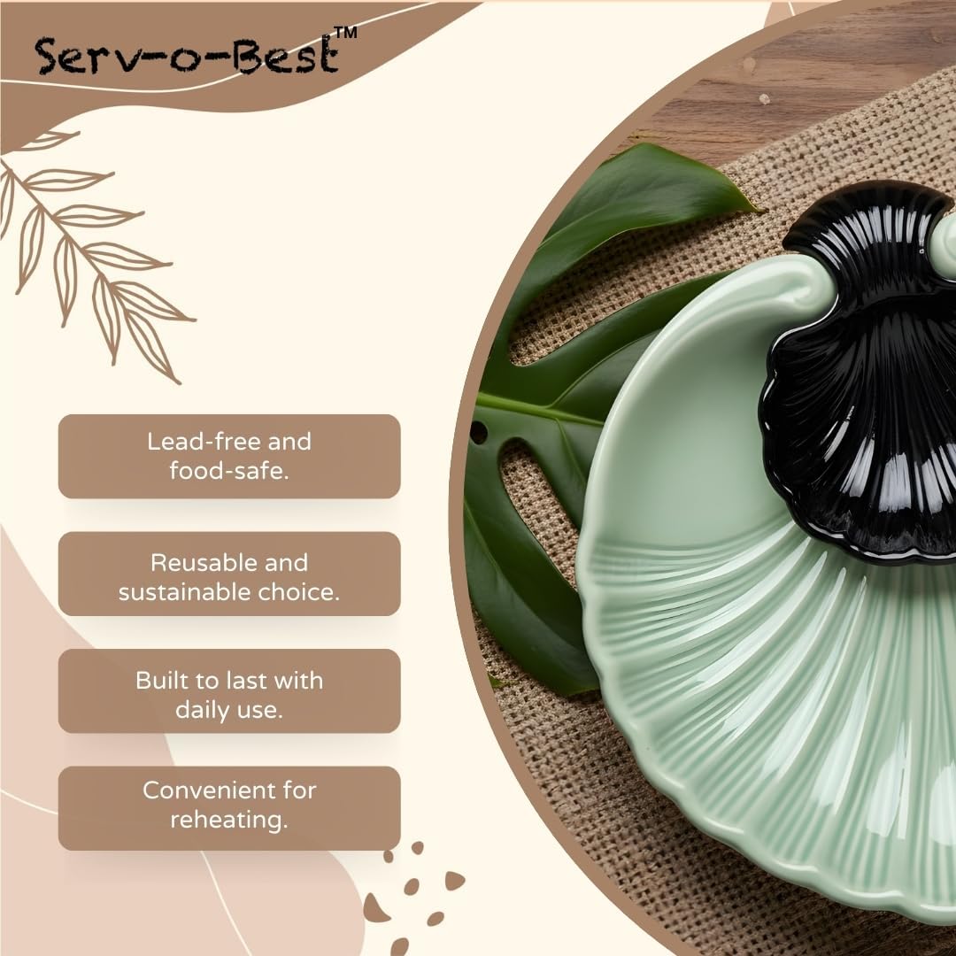Servo Best Grey Ceramic Chip and Dip Platter, Shell Design Appetizer Serving Tray with Built-In Dip Bowl, Sectioned Snack Platter for Chips Salsa Veggies, Party Entertaining Serveware Gift