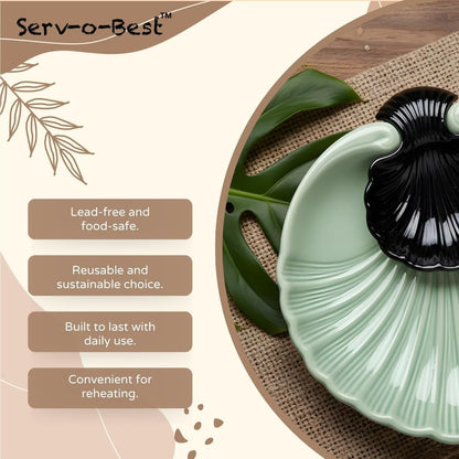 Servo Best Grey Ceramic Chip and Dip Platter, Shell Design Appetizer Serving Tray with Built-In Dip Bowl, Sectioned Snack Platter for Chips Salsa Veggies, Party Entertaining Serveware Gift