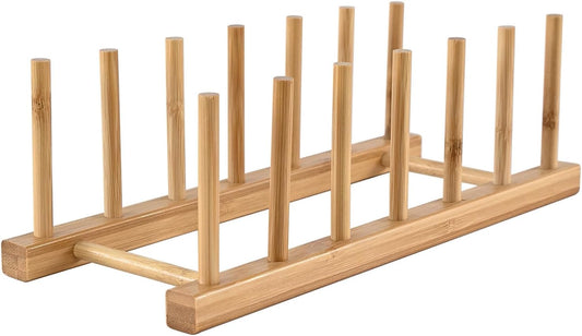 INNERNEED Bamboo Wooden Dish Rack, Vertical Plate & Lid Organizer