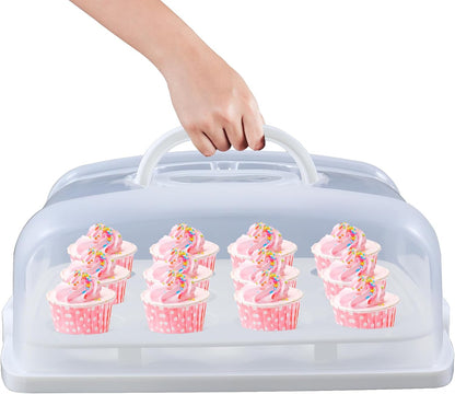 2in1 Cupcake Carrier and Cake Keeper with Lid, Rectangle Pie Carrier,Large Portable Storage Container for Storing 12 Cupcakes or 1 Large Cake (White)