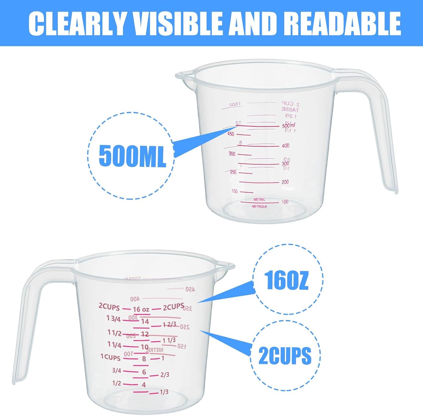 DTDNZKN 3 Pack Measuring Cup Set, Plastic Liquid Measuring Cups 250ml, 500ml & 1000ml - Clear Markings for Baking, Cooking, Mixing, Oil & Water Measurement - Essential Kitchen Tools