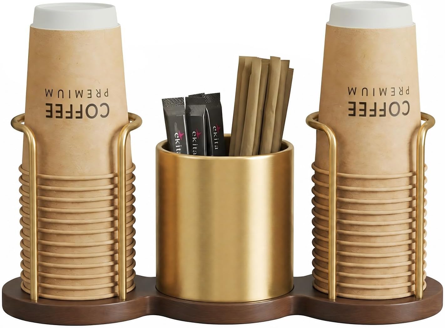 GOYLSER Coffee Station Organizer with Straw & Stirrer Storage Caddy for Cups Lids, Disposable Paper Cup Holder Cup Organizer for Coffee Bar, Office, Home Kitchen, Gold