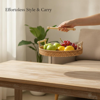 Hand Woven Rattan Basket with Wood Handle, Open Weave Storage Bin for Countertop Organization, Produce, and Home Decor