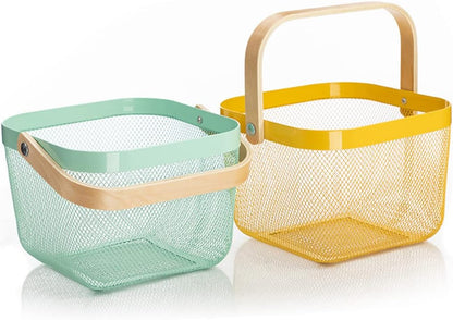 Mesh Steel Storage Organizer Basket Fruit Basket Bin with Wood Handle Ideal for Kitchen Bathroom Picnic Baskets Pantry Cabinets Storage Home Decor (White)