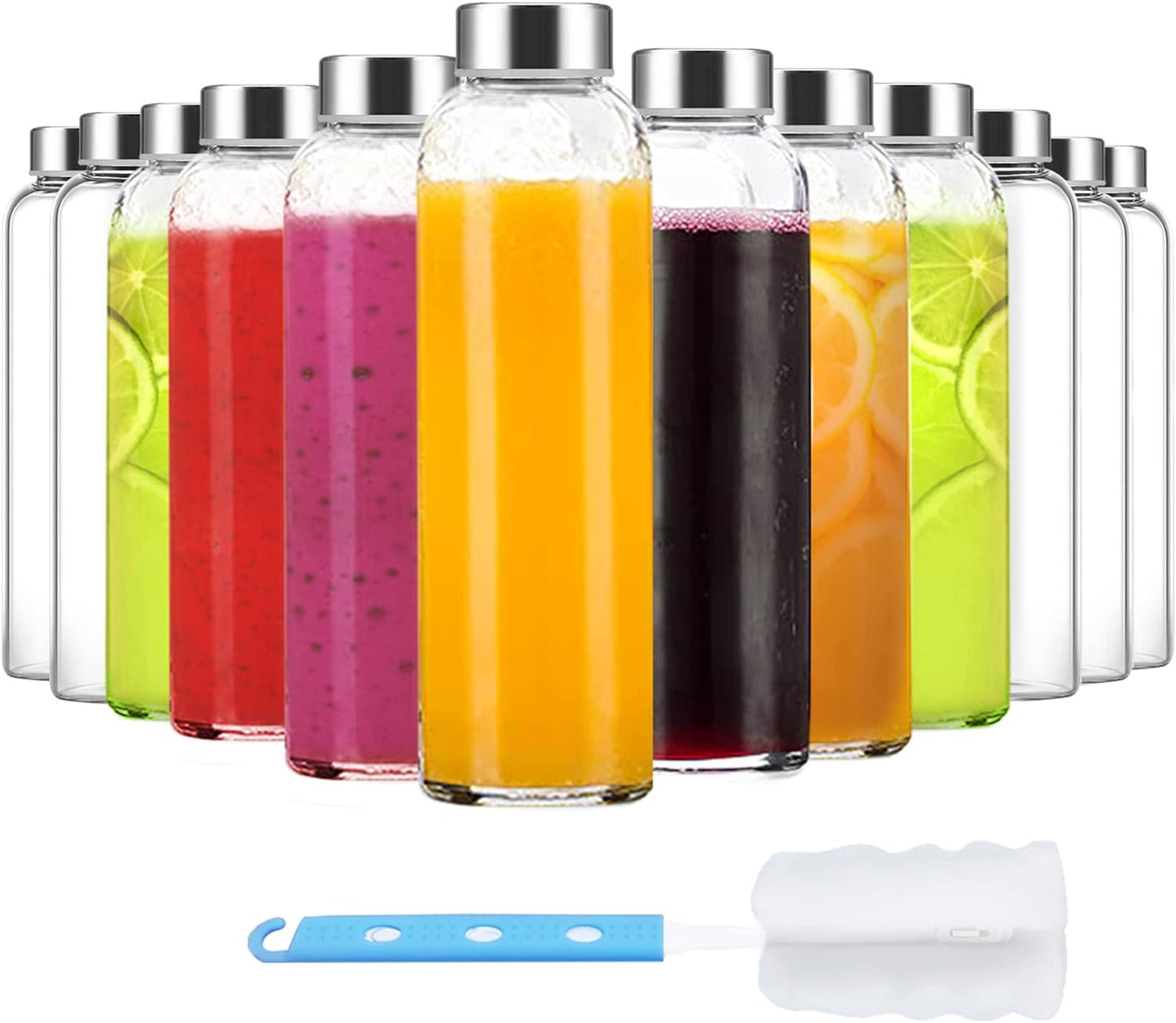 Clear Glass Bottles with Lids 18 oz, Reusable Glass Water Bottles with Stainless Steel Cap for Refrigerator, Juicing, 100% Leak Proof, BPA Free, Juice Bottle Drinking Jar Containers Set of 6
