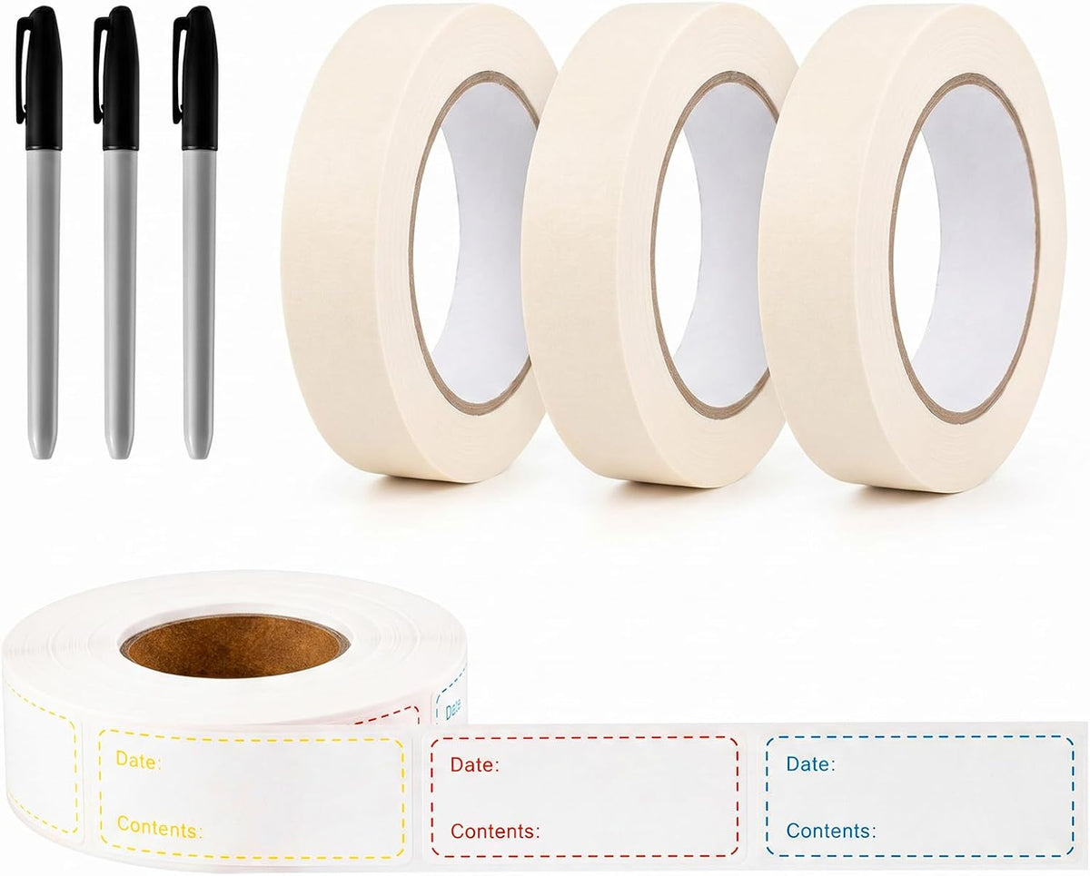 Resurhang Freezer Label Kit for Food Storage Includes 500 Pcs Waterproof Removable Food Labels 3/4 Inch x 55 Yd, 3 Rolls Masking Tape, 3 Marker Pens for Kitchens Refrigerator Meal Prep(White)