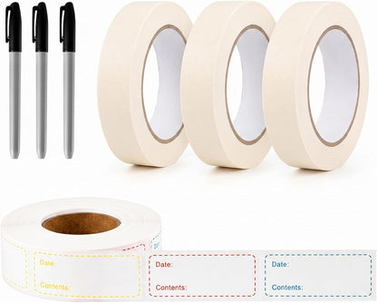 Resurhang Freezer Label Kit for Food Storage Includes 500 Pcs Waterproof Removable Food Labels 3/4 Inch x 55 Yd, 3 Rolls Masking Tape, 3 Marker Pens for Kitchens Refrigerator Meal Prep(White)