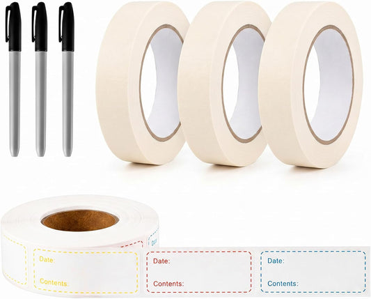 Resurhang Freezer Label Kit for Food Storage Includes 500 Pcs Waterproof Removable Food Labels 3/4 Inch x 55 Yd, 3 Rolls Masking Tape, 3 Marker Pens for Kitchens Refrigerator Meal Prep(White)