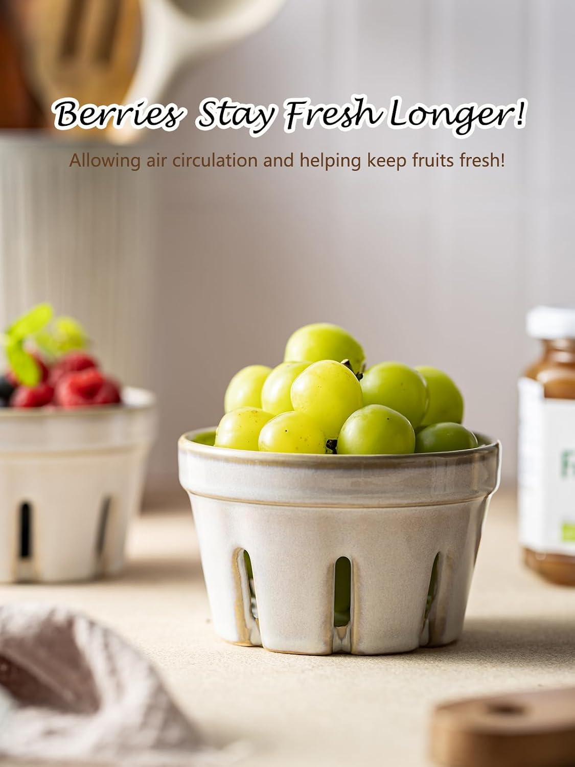 Gomakren Berry Bowls with Holes Ceramic, Berry Washing Bowl Basket Set of 2, 5.8 Inch Round Fruit Bowl Storage Containers, Strawberry Baskets, Farmhouse Kitchen Decor, Yellow + Brown