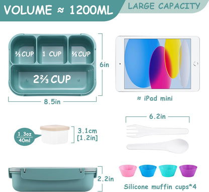 QQKO Bento Box Adult Lunch Box, Bento Box for Kids, 1200 ML Lunch Containers for Adults, Food Storage Container With 4 Compartments, Leak-Proof, Microwave, Dishwasher Safe, Green
