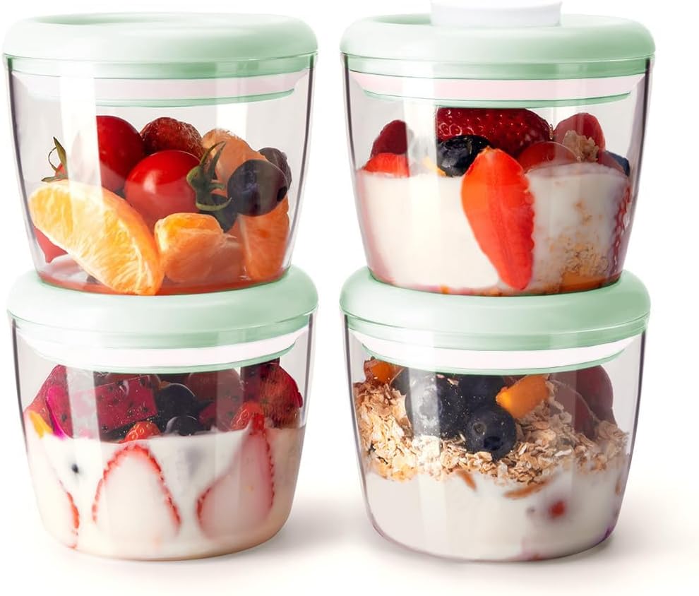 Glass Overnight Oats Containers with Lids, Meal Prep Containers Airtight Food Storage Containers Wide Mouth Snack Jars, Leakproof BPA-Free Pop Lid Bowl for Breakfast Leftovers 14oz 400ml Set of 4