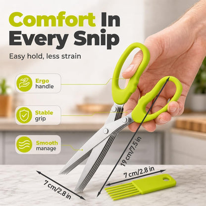5-Blade Stainless Steel Herb Scissors Multipurpose Kitchen Gadgets (Green)