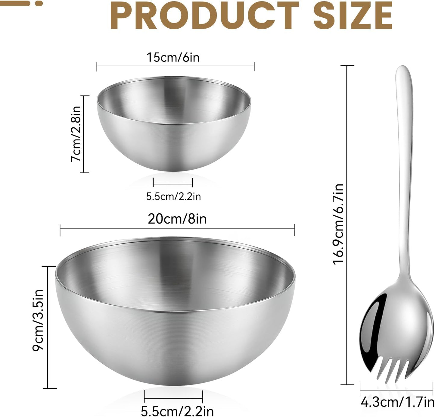 Mixing Bowls, 2 PCS Salad Bowls Set, Stainless Steel Metal Nesting Bowls with Salad Fork, 6 & 8 Inch Fruit Bowls for Cooking, Baking, Prepping, Dishwasher Safe Kitchen Supplies