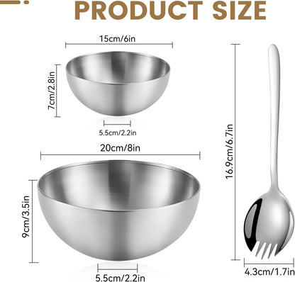 Mixing Bowls, 2 PCS Salad Bowls Set, Stainless Steel Metal Nesting Bowls with Salad Fork, 6 & 8 Inch Fruit Bowls for Cooking, Baking, Prepping, Dishwasher Safe Kitchen Supplies