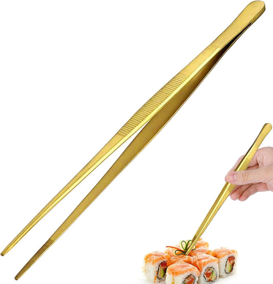 Tongs Tweezers - 12 Inch / 30cm Long Food Tongs Straight Serrated Forceps Cocktail Tweezers Bar Tool Gold