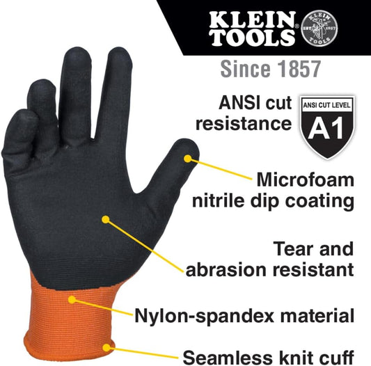 KLEIN TOOLS 60582 Work Gloves, Knit Dipped Cut Resistant ANSI A1 Nitrile Coated Gloves, Nylon-Spandex, Touchscreen Capable, X-Large, 2-Pair