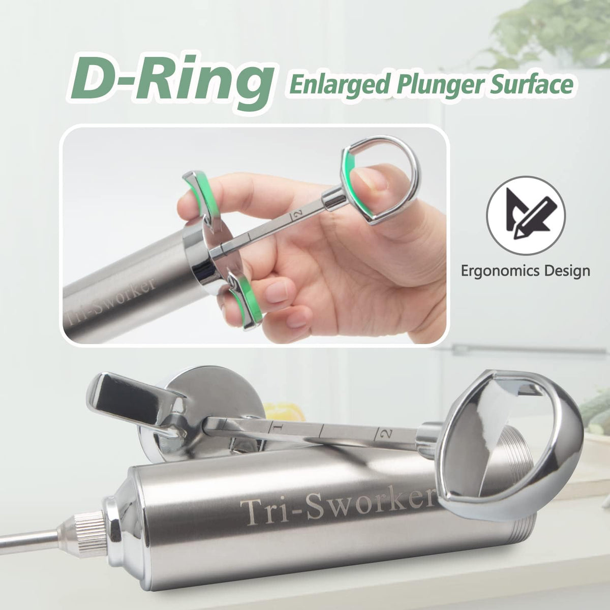 Tri-Sworker Meat Injector Syringe for Smoking with 4 Marinade Flavor Food Injector Needles, Ideal to Injector Marinades for Meats, Turkey, Brisket, Beef; 2-OZ Capacity