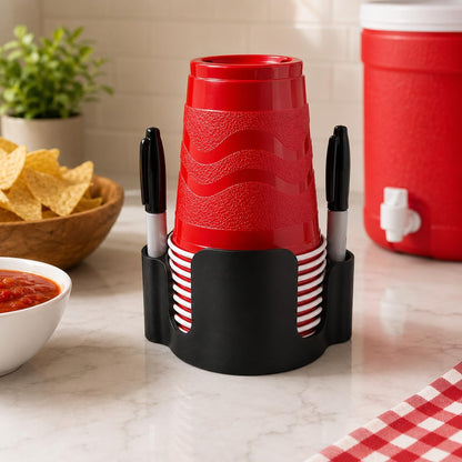 Party Cup Dispenser with Marker Holder – Stackable Plastic Cup Organizer for Parties, Events, BBQs, Picnics, Graduations & Drink Stations, Cup and Marker Caddy, Black (Red)