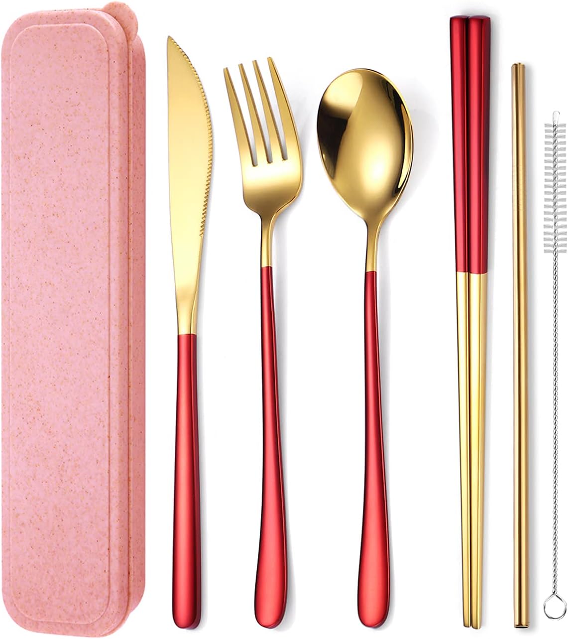 AARAINBOW 6 Pieces 18/8 Stainless Steel Flatware Set Portable Reusable Cutlery Set Travel Utensils Set Including Chopsticks Knife Fork Spoon Straws Cleaning Brush Dishwasher Safe (Green golden)
