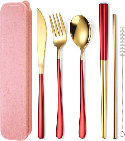 AARAINBOW 6 Pieces 18/8 Stainless Steel Flatware Set Portable Reusable Cutlery Set Travel Utensils Set Including Chopsticks Knife Fork Spoon Straws Cleaning Brush Dishwasher Safe (Green golden)