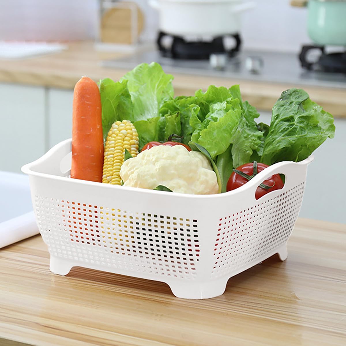 Double-layer Draining Basket Plastic Fruits & Vegetable Washing Basket for Kitchen (Blue)