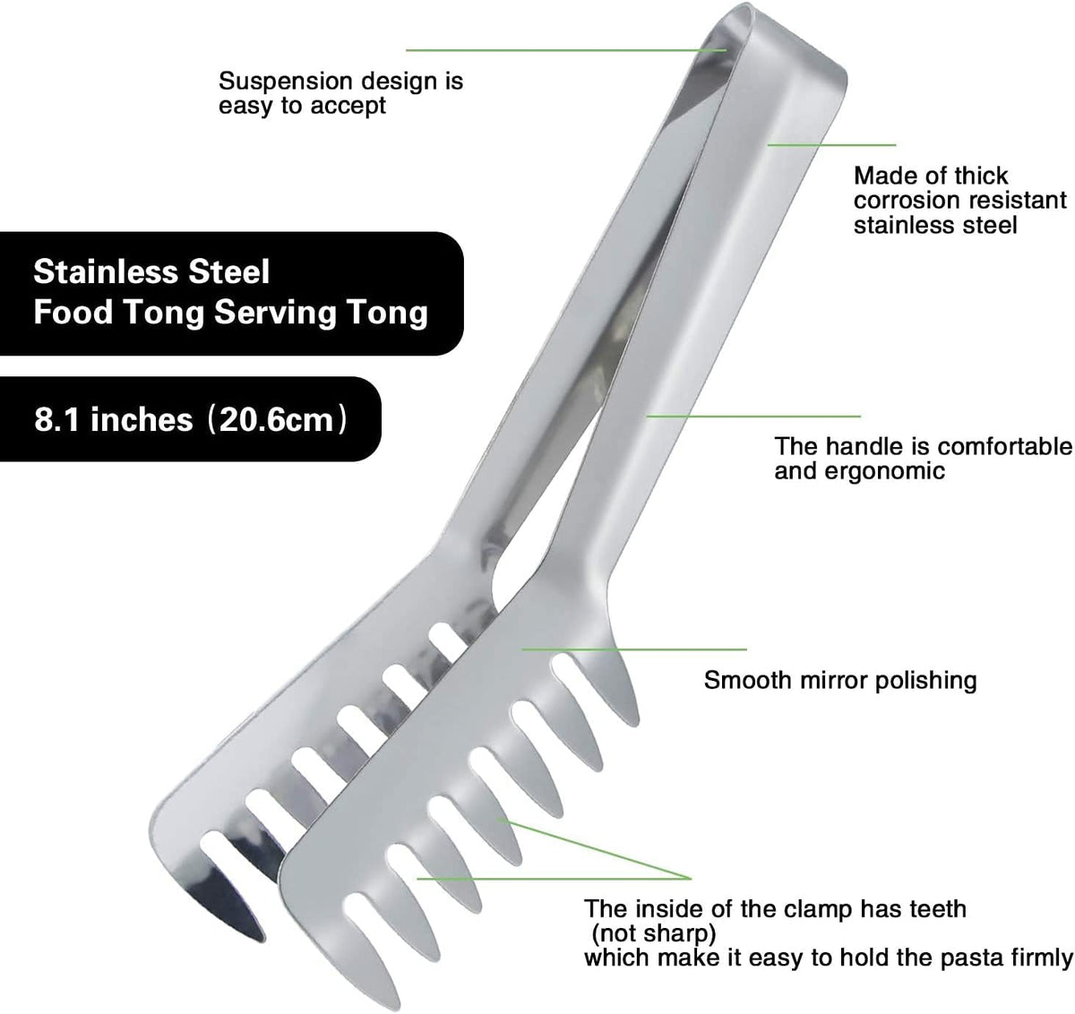 HornTide Stainless Steel Pasta Tongs, Pack of 2 Piece, Teethed Ends Design for Spaghetti Noodle Pastry, Kitchen Serving Tong Set 8-inch 20cm