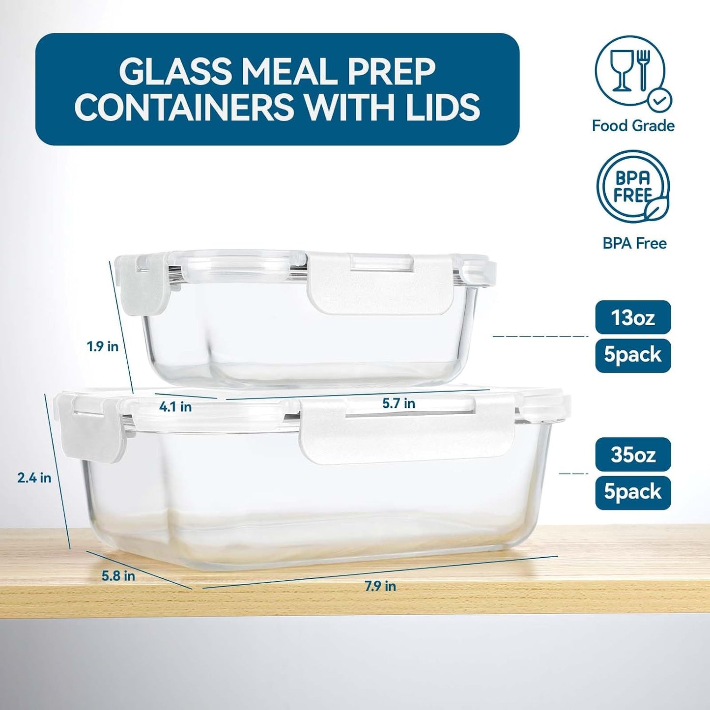 BAYZZ 10 Pack Glass Meal Prep Containers, Glass Food Storage Containers with Lids, Airtight Lunch Box, Freezer,Oven,Microwave and Dishwasher Safe