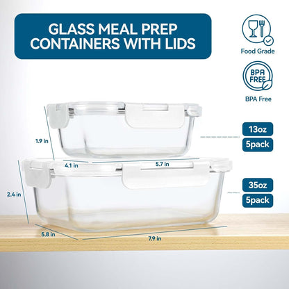BAYZZ 10 Pack Glass Meal Prep Containers, Glass Food Storage Containers with Lids, Airtight Lunch Box, Freezer,Oven,Microwave and Dishwasher Safe