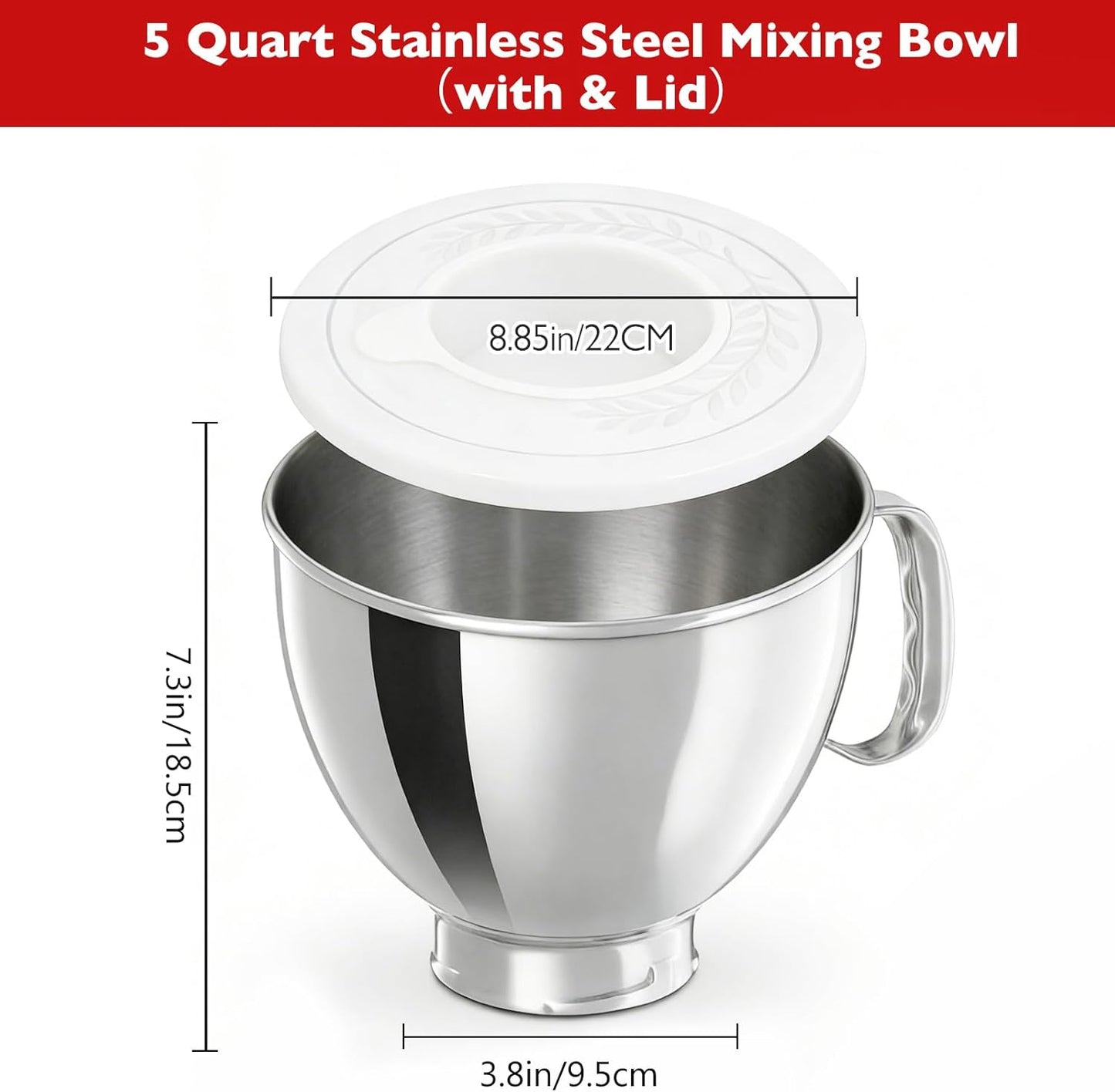 5 Quart Stainless Steel Mixing Bowl With Handle and Lid - Compatible with KitchenAid 4.5-5 QT Tilt-Head Stand Mixers (Classic & Artisan Series), Replacement Bowl for Models K45, K45SS, KSM150, KSM75