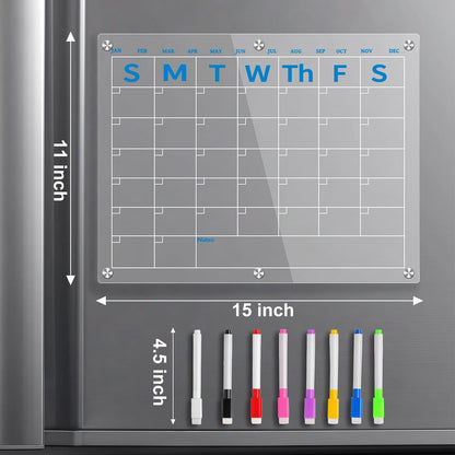 Fridge Calendar 15"x11", Magnetic Calendar for Refrigerator, Acrylic Whiteboard Calender Dry Erase, Monthly Meal Planner for Refrigerator, w/8 Markers (Blue)