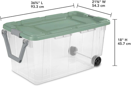 160 Quart Wheeled Storage Box, Extra Large Durable Clear Plastic Bin, Latch Lid, Lt Green, 2 Count