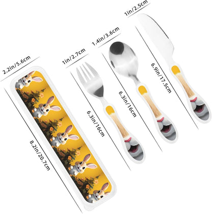 3-Piece Kids Silverware Set With Storage Case, Stainless Steel Reusable Children Safe Knife Spoon Fork Set Easter Bunny Eggs Spring Flower Rabbit Children Flatware Set For Kids Lunch Box