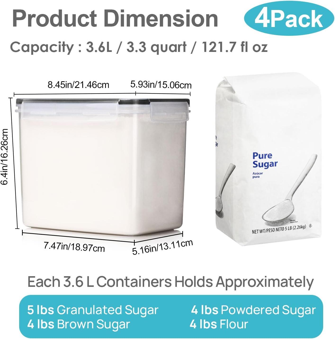 Vtopmart 4 PCS Large Food Storage Containers 5.2L / 175oz, 4 Pieces BPA Free Plastic Airtight Canisters for Flour, Sugar, Baking Supplies, Rice with Lids, 4 Measuring Cups and 24 Labels, Black