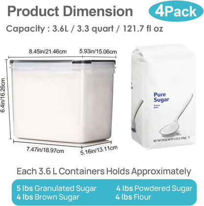 Vtopmart 4 PCS Large Food Storage Containers 5.2L / 175oz, 4 Pieces BPA Free Plastic Airtight Canisters for Flour, Sugar, Baking Supplies, Rice with Lids, 4 Measuring Cups and 24 Labels, Black