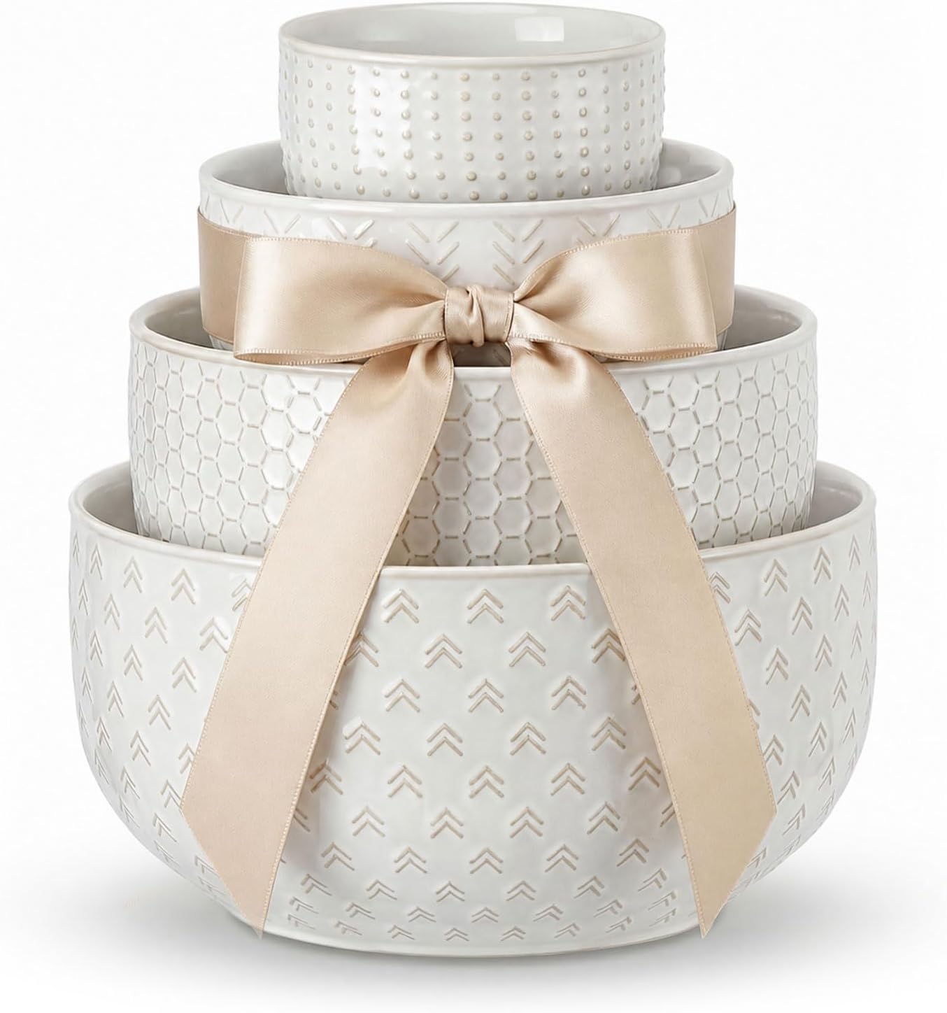 Lareina Ceramic Large Mixing Bowls Set of 4, Nesting Bowls for Cooking, Baking, Salad Etc, Serving Bowls Gift, Kitchen Stoneware, Oven, Microwave and Dishwasher Safe - 20/44/98/145 OZ, Ivory White