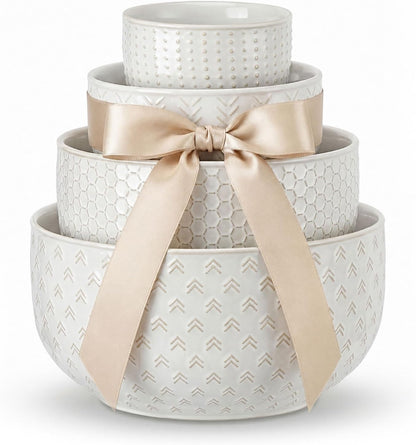 Lareina Ceramic Large Mixing Bowls Set of 4, Nesting Bowls for Cooking, Baking, Salad Etc, Serving Bowls Gift, Kitchen Stoneware, Oven, Microwave and Dishwasher Safe - 20/44/98/145 OZ, Ivory White