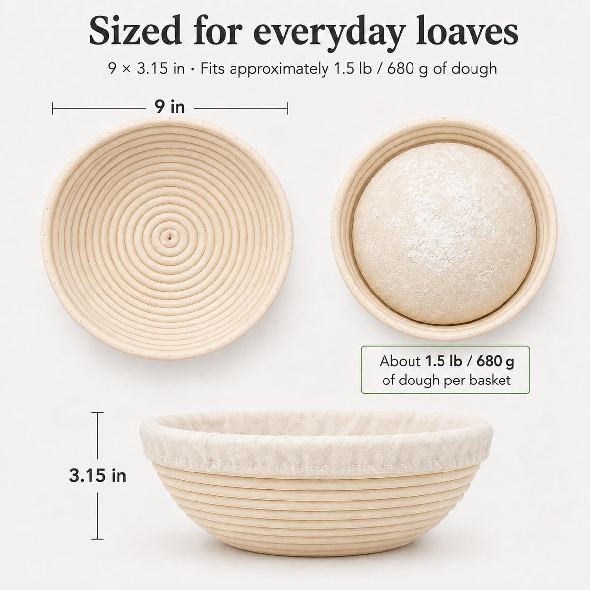 Sourdough Banneton Bread Proofing Basket Set of 2, 9'' Round