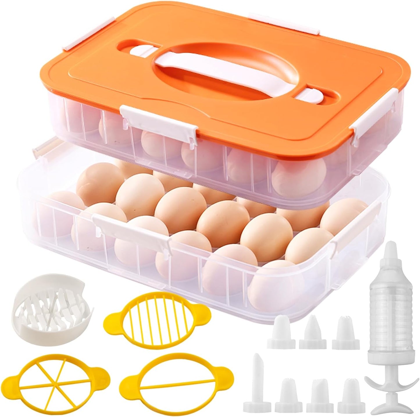 2 Layer Deviled Egg Containers with Lid, 36 Slots Deviled Egg Tray Carrier with Handle and Injector Piping Tool, Fridge Stackable Portable Clear Storage Egg Platter for Party Picnic Travel (Green)