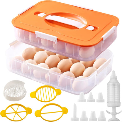 2 Layer Deviled Egg Containers with Lid, 36 Slots Deviled Egg Tray Carrier with Handle and Injector Piping Tool, Fridge Stackable Portable Clear Storage Egg Platter for Party Picnic Travel (Green)