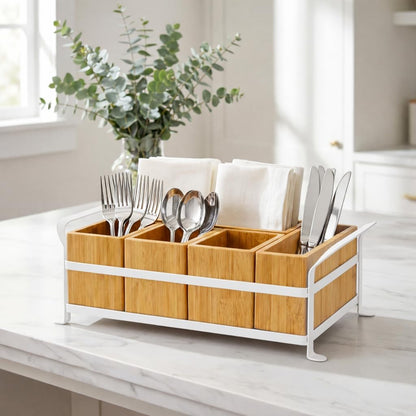 Bamboo Utensil Caddy with Handle - 5 Compartment Silverware Holder for Party & Kitchen Countertop - Removable Wooden Flatware Organizer for Picnic, BBQ, Buffet, RV & Outdoor Dining