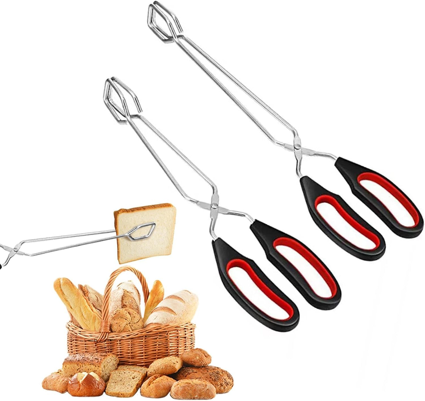 2Pcs Scissor Tong, Stainless Steel Kitchen Tongs with No-n-Slip Comfortable Grip, Multi Function Kitchen Tongs Set for Baking, Cooking, Grilling & Serving