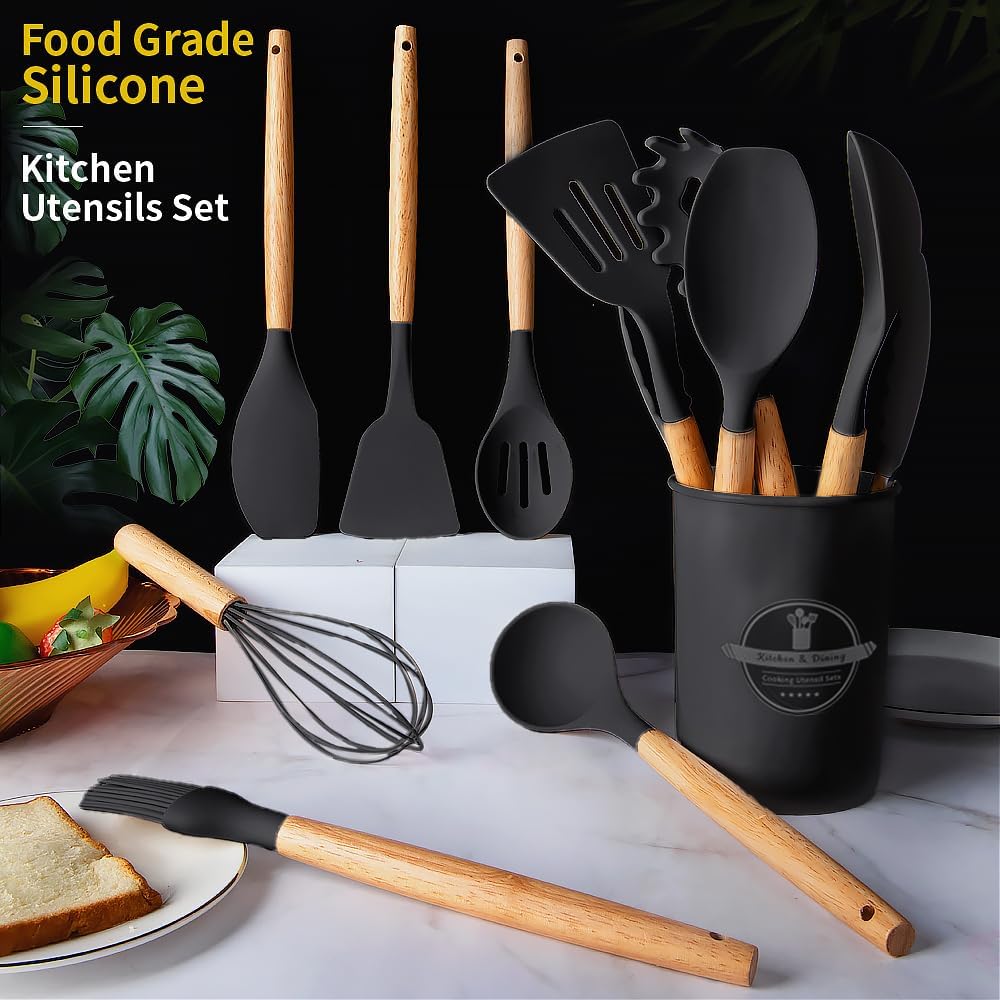 Silicone Cooking Utensils Set, 12Pcs Large Heat Resistant Kitchen Utensils, Turner Tongs, Spatula, Spoon, Wooden Handle Kitchen Gadgets with Holder for Nonstick Cookware, Dishwasher Safe (Grey)