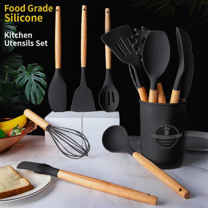 Silicone Cooking Utensils Set, 12Pcs Large Heat Resistant Kitchen Utensils, Turner Tongs, Spatula, Spoon, Wooden Handle Kitchen Gadgets with Holder for Nonstick Cookware, Dishwasher Safe (Grey)