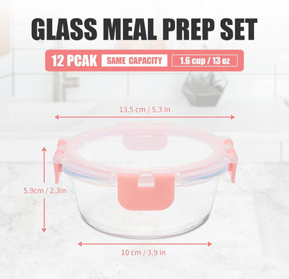 GULFLIN 12 Pack 22oz Glass Meal Prep Containers, Food Storage Containers with Lids, Air-Tight, Leak-Resistant, Freezer to Microwave Safe - Grey Set