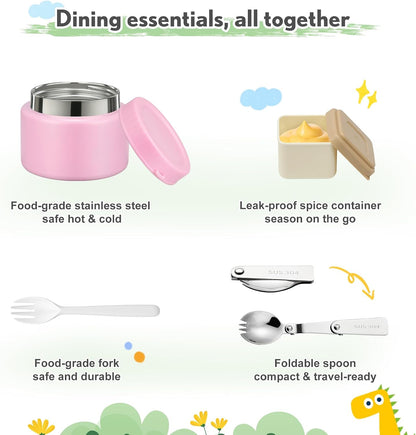 Lunch Box Kids with 5 Compartments, Insulated Food Jar & Utensils, Leak Proof Bento Box with Sauce Container, BPA-Free & Dishwasher Safe, Dinosaur Design(Purple)