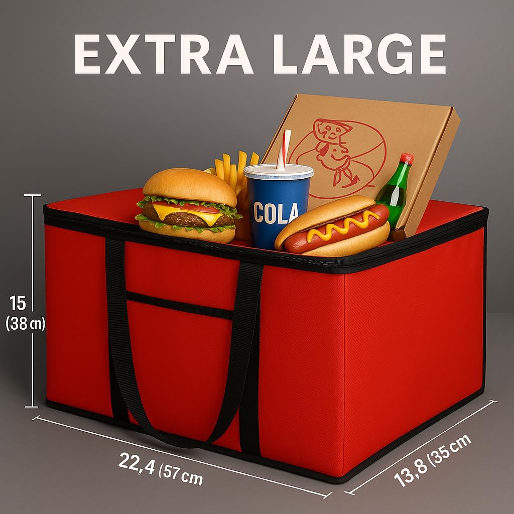 musbus Extra large XXXL Insulated Food Delivery Bag Cooler Bags Keep Food Warm Catering Therma Catering Bag for doordash 22x14x13 Cooler Bags Therma Shopper hot warming RED Pizza BLACK